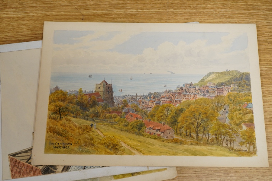 Sir Alfred Robert Quinton (1853-1934), Set of eight original watercolours for postcard designs, Sussex views to include Mermaid Street, Rye, Old Town, Hastings and Preston Park, Brighton, each monogrammed, signed or insc